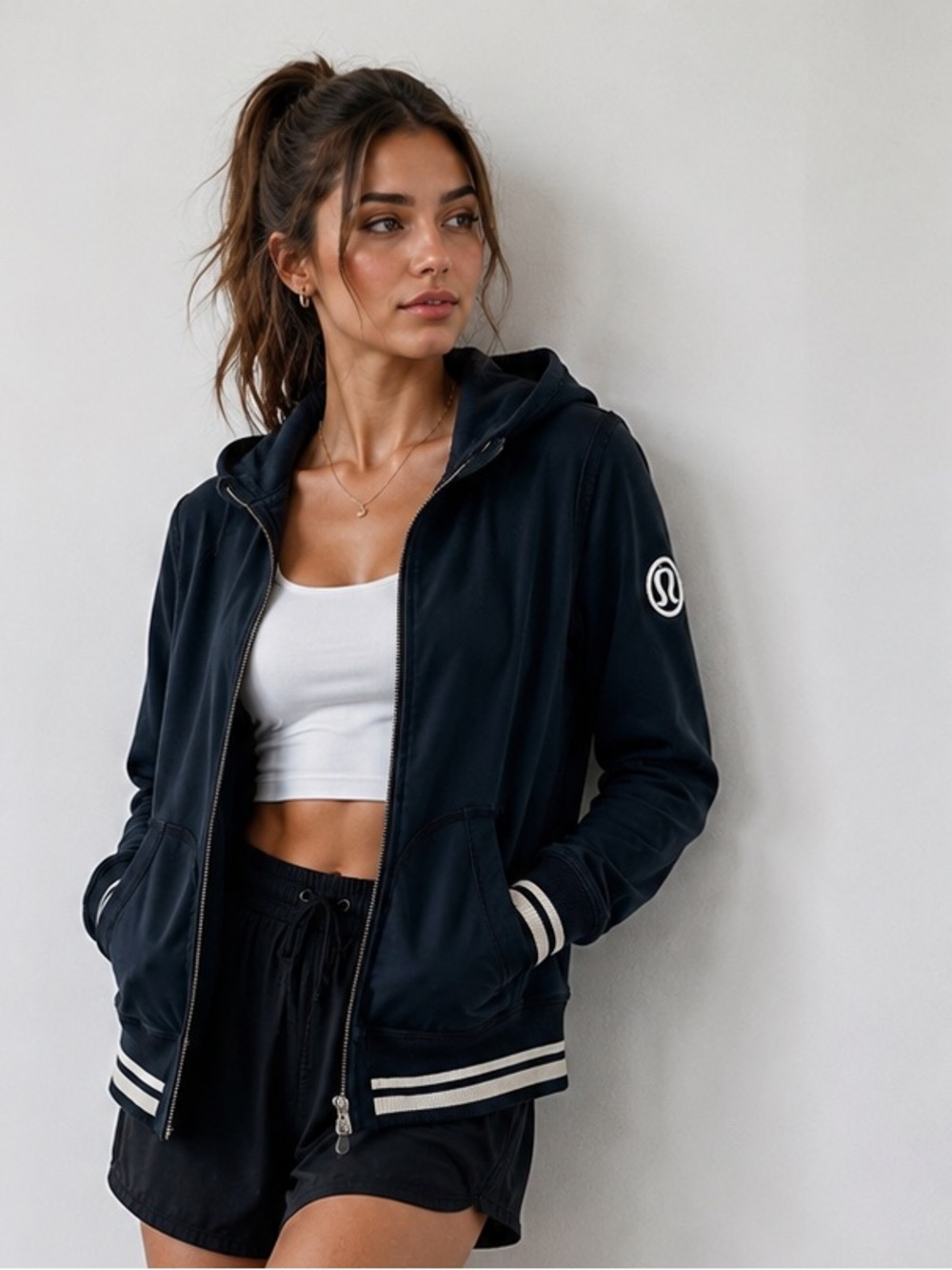 Lululemon Scuba Navy Zip-Up Hoodie with Contrast Stripe Trim Size S